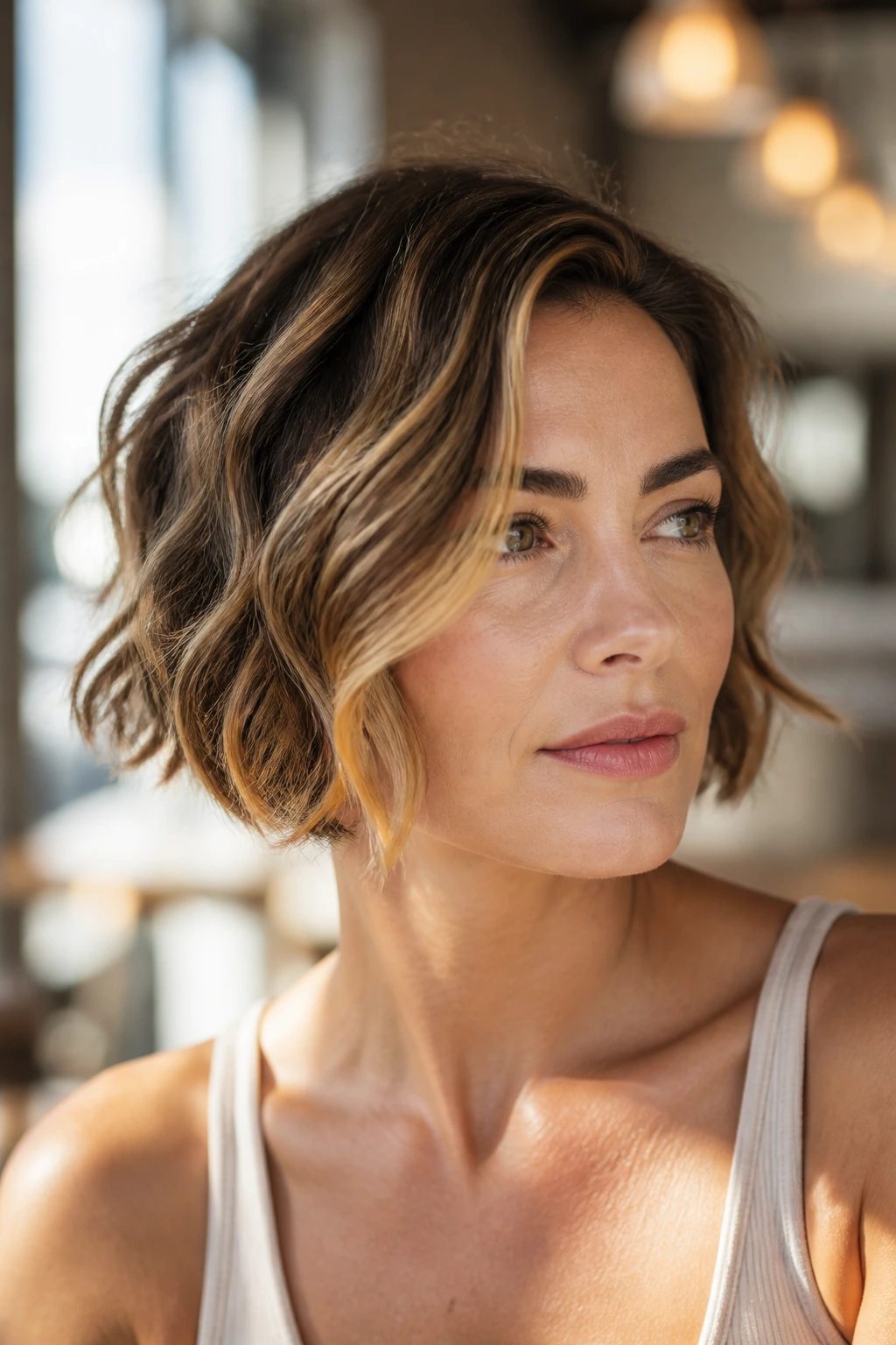 Portrait of a real woman with a wavy bob and sunlit caramel veils.