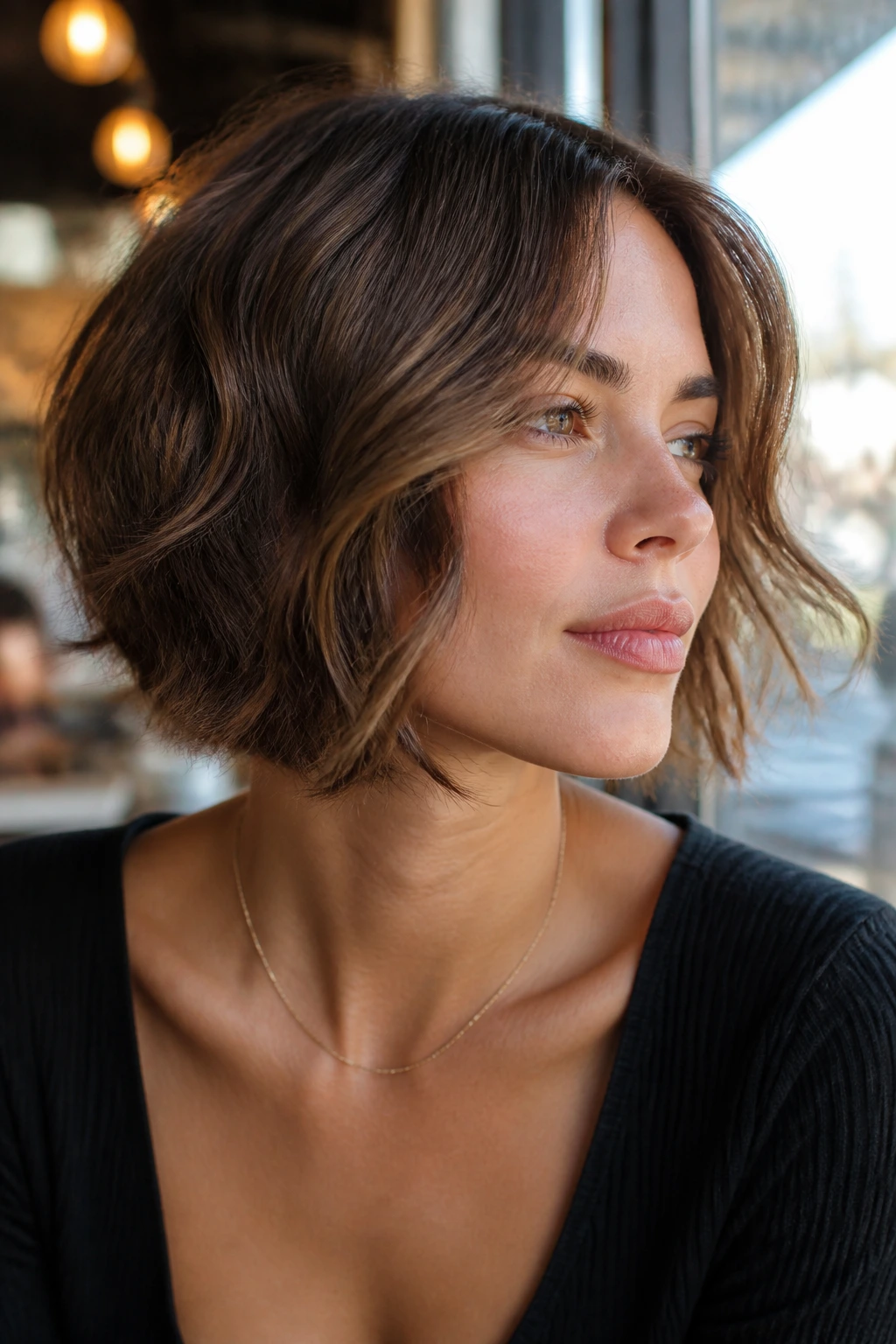 Real person with a wavy bob and cheekbone pieces in a cafe window setting.