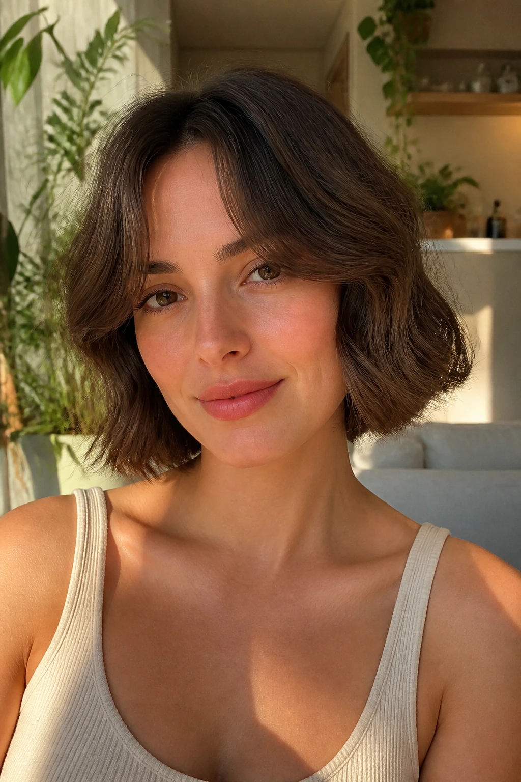 Close-up portrait of a real woman with curtain bangs and wavy bob