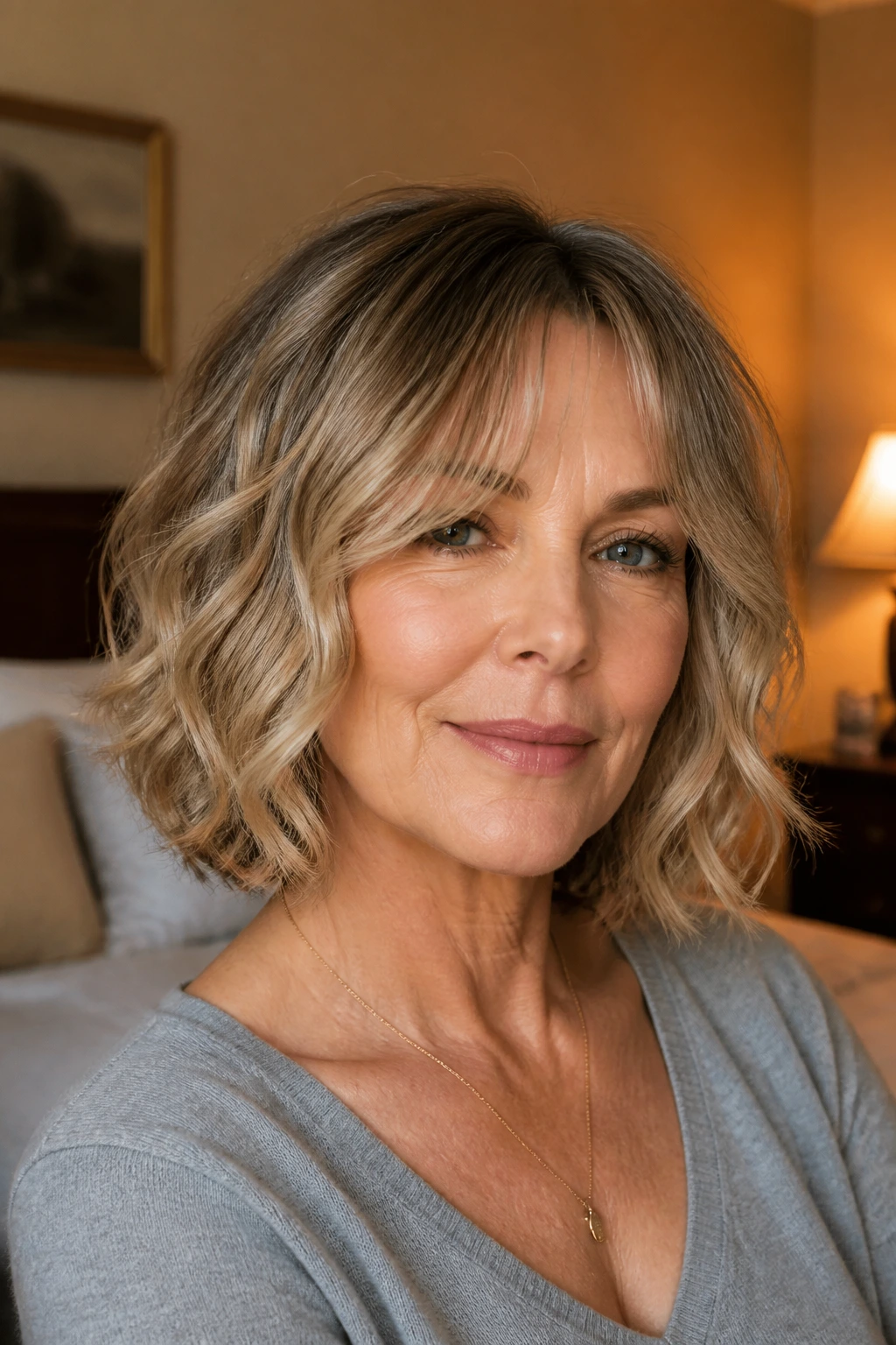Close-up of a woman with a wavy bob and curtain bangs