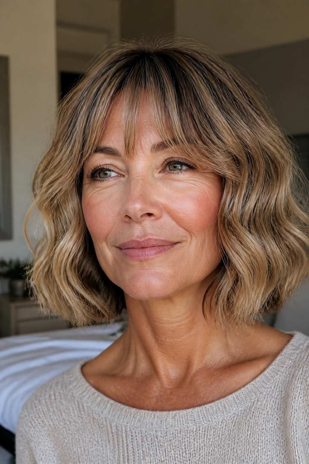 Close-up of a real woman with a soft wavy bob and curtain bangs