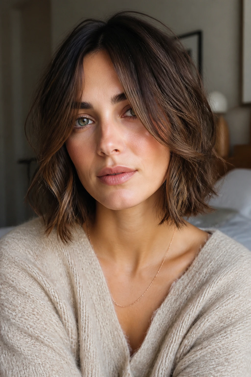 Close-up of a real woman's wavy bob with long curtain fringe around the cheekbones