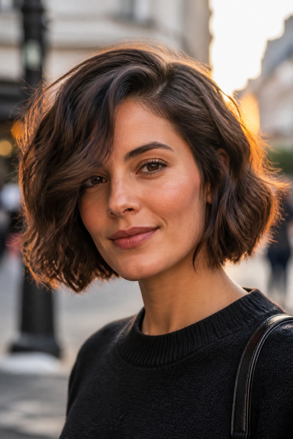 Portrait of a woman with deep side part and wavy bob on city street at sunset