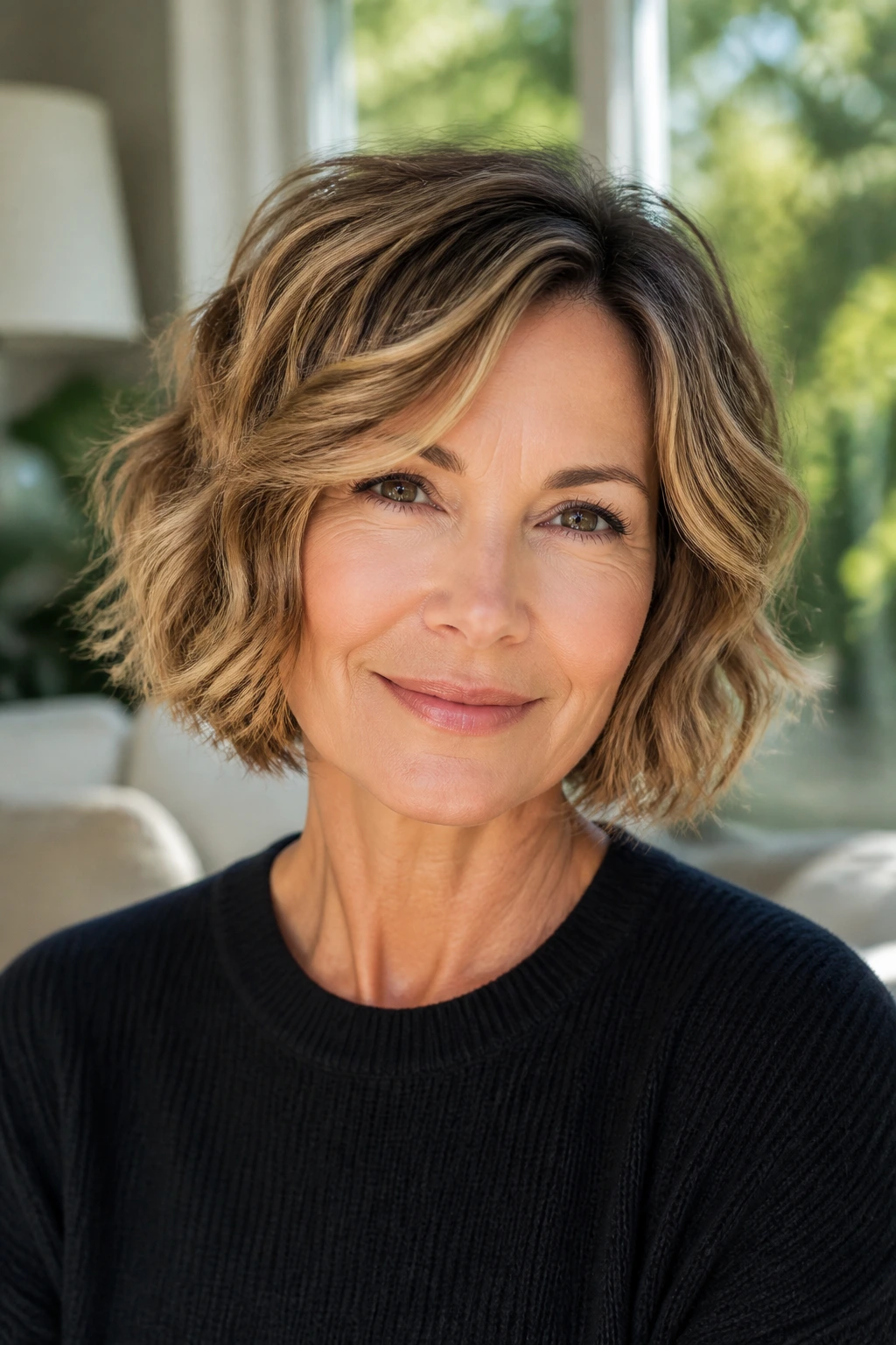 Close-up of a real woman with a wavy bob featuring dimensional highlights around the crown and temples in warm caramel tones