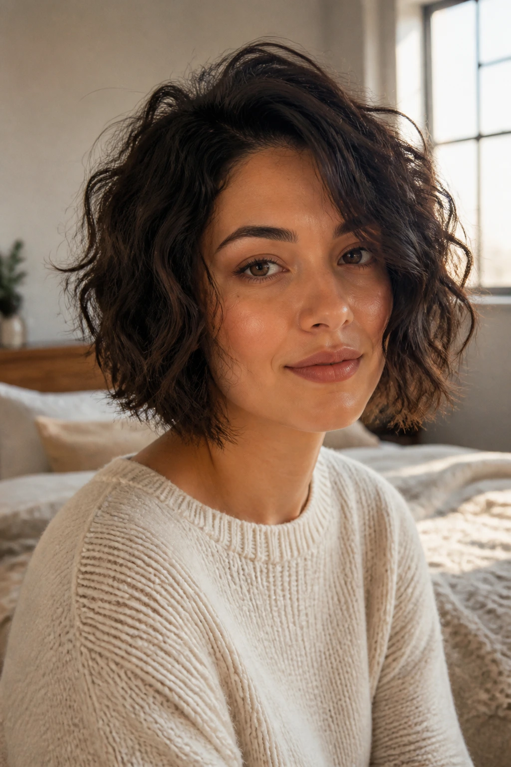 Close-up portrait of a real woman with a wavy bob and frizz in warm bedroom light