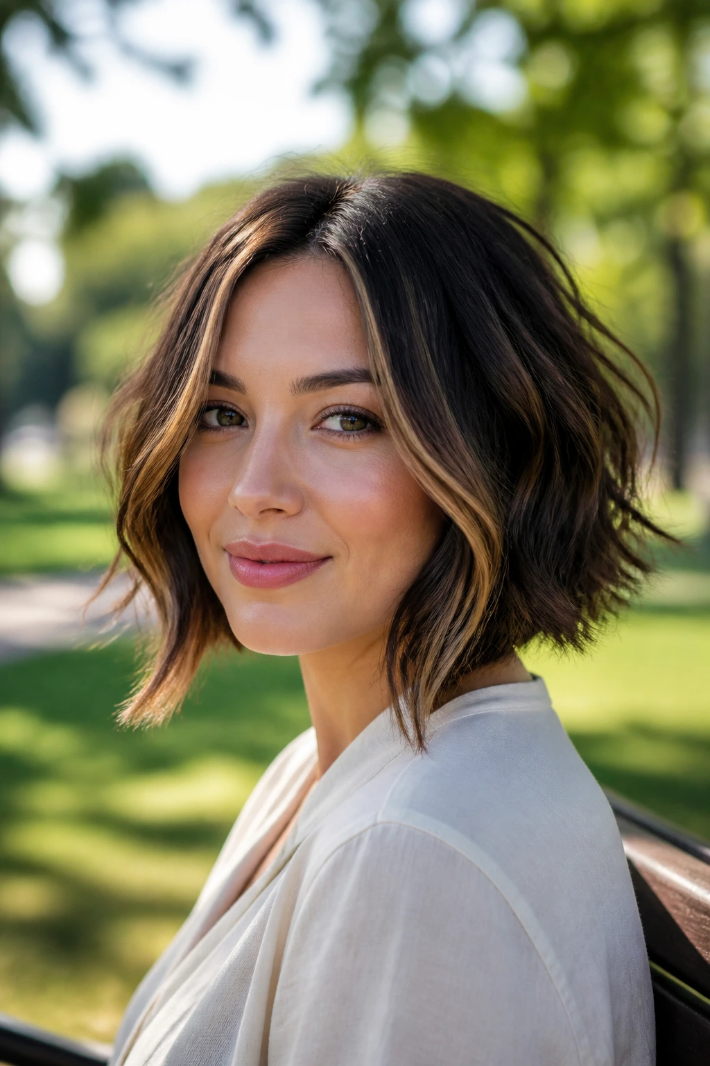 Close-up portrait of a woman with a wavy bob and long front pieces in a sunlit park
