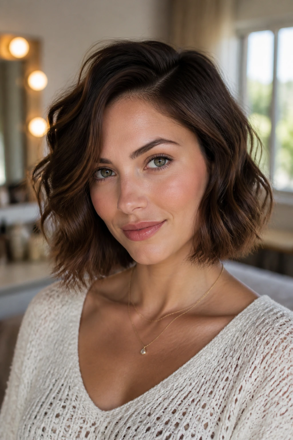 Portrait of a person wearing a chin-to-collarbone wavy bob with side part