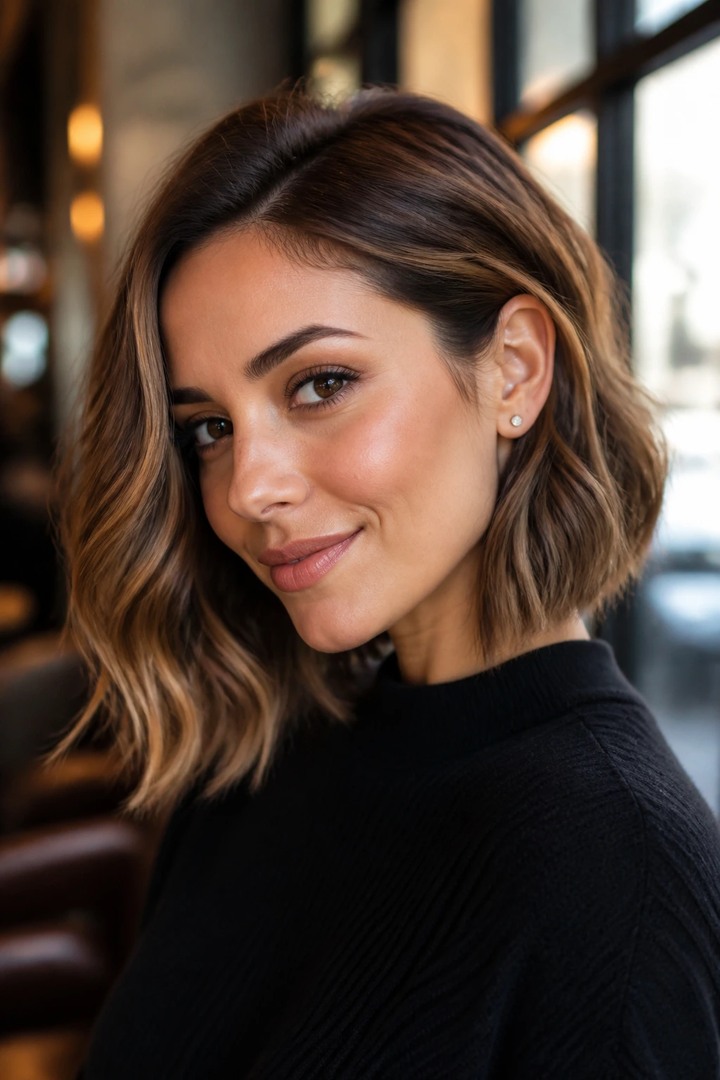 Close-up portrait of a real woman with a tucked side within a wavy bob lob and caramel highlights