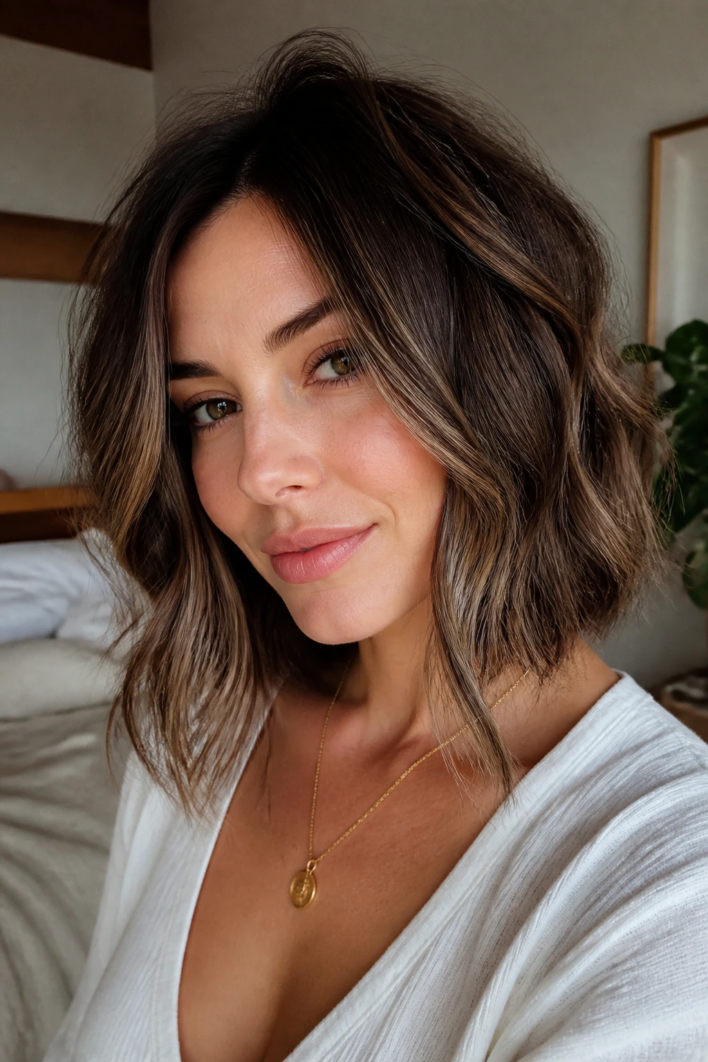 Close-up of a real woman wearing a wavy A-line bob with long front pieces framing the cheeks in warm window light.