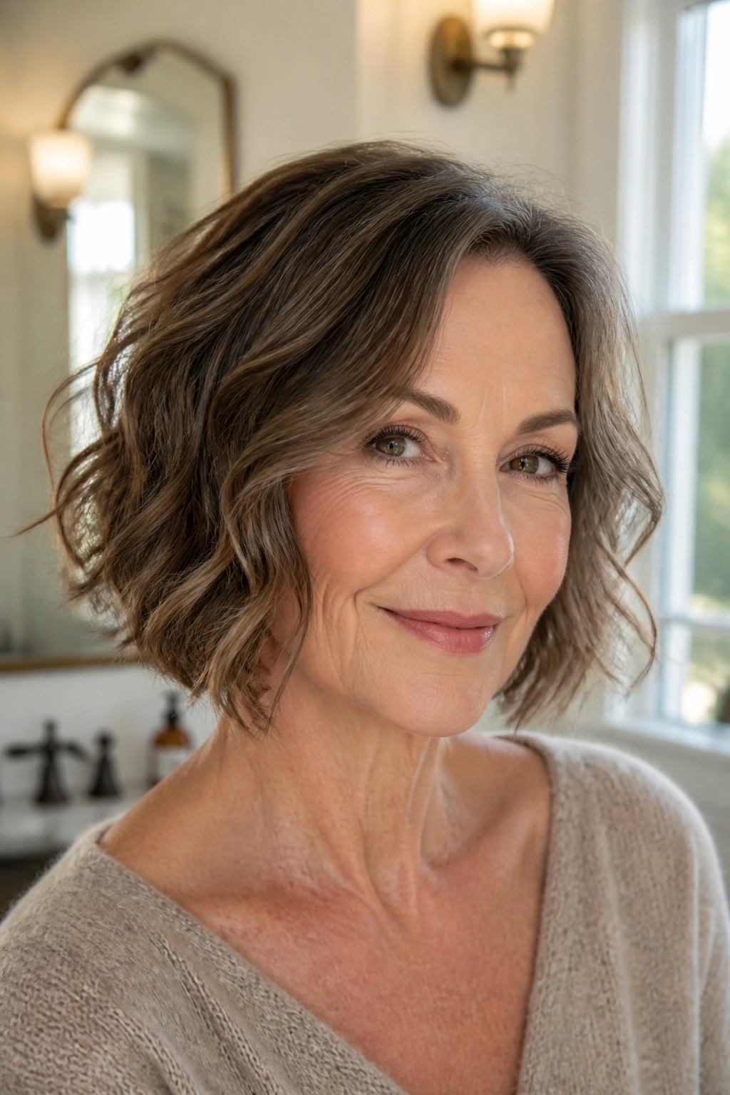 Close-up of a real woman with a wavy bob maintained between salon visits in a bathroom