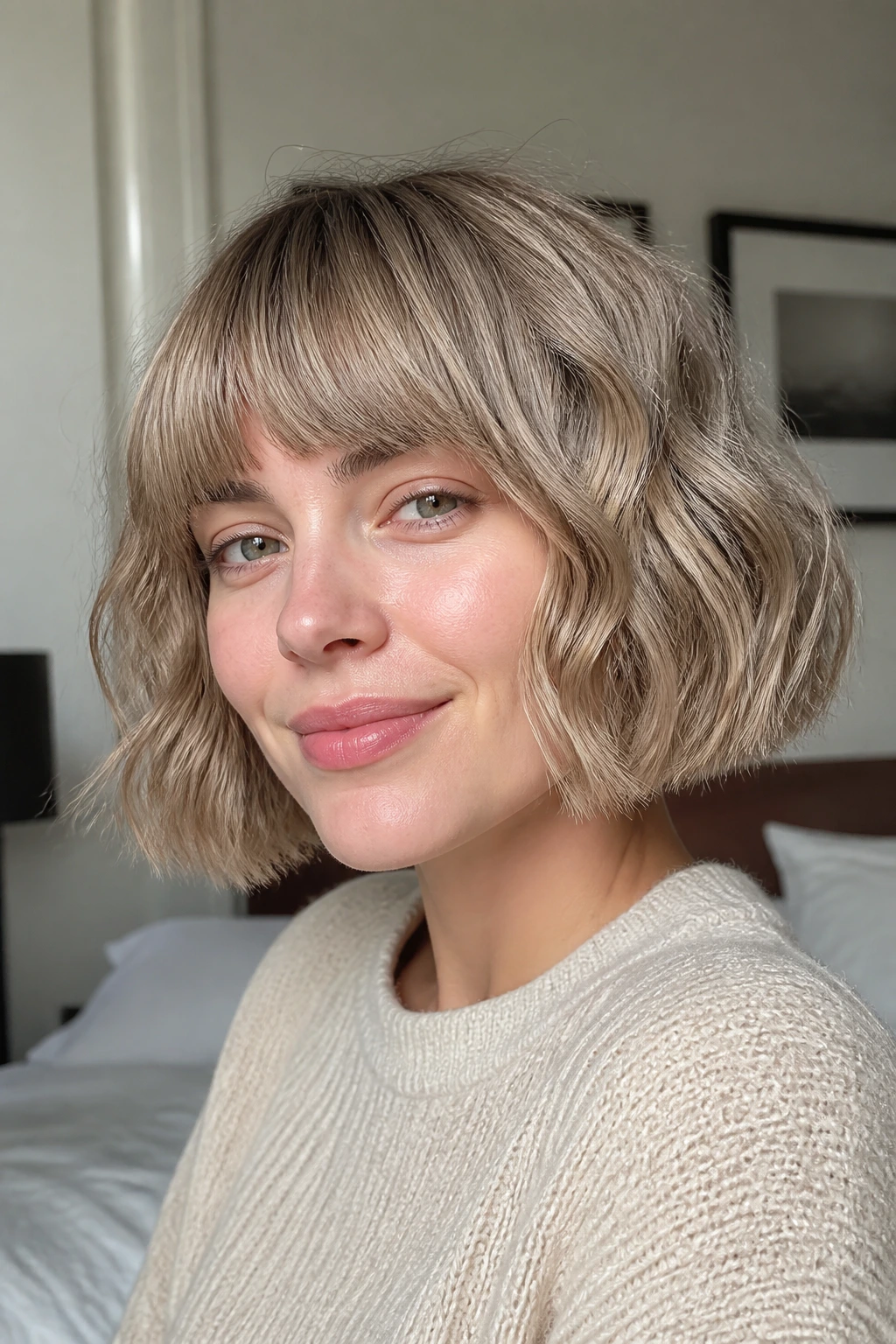 Close-up of a real woman with a wavy French bob in mushroom blonde