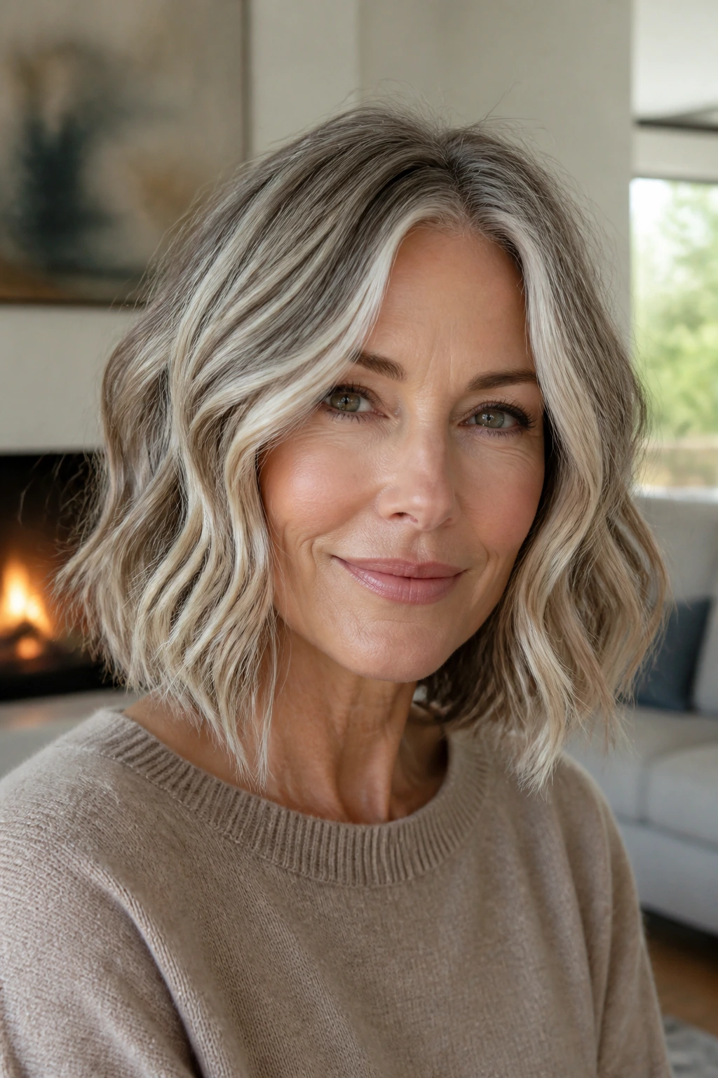 Close-up of a real woman's shoulder-length wavy bob with pearl babylights in natural window light