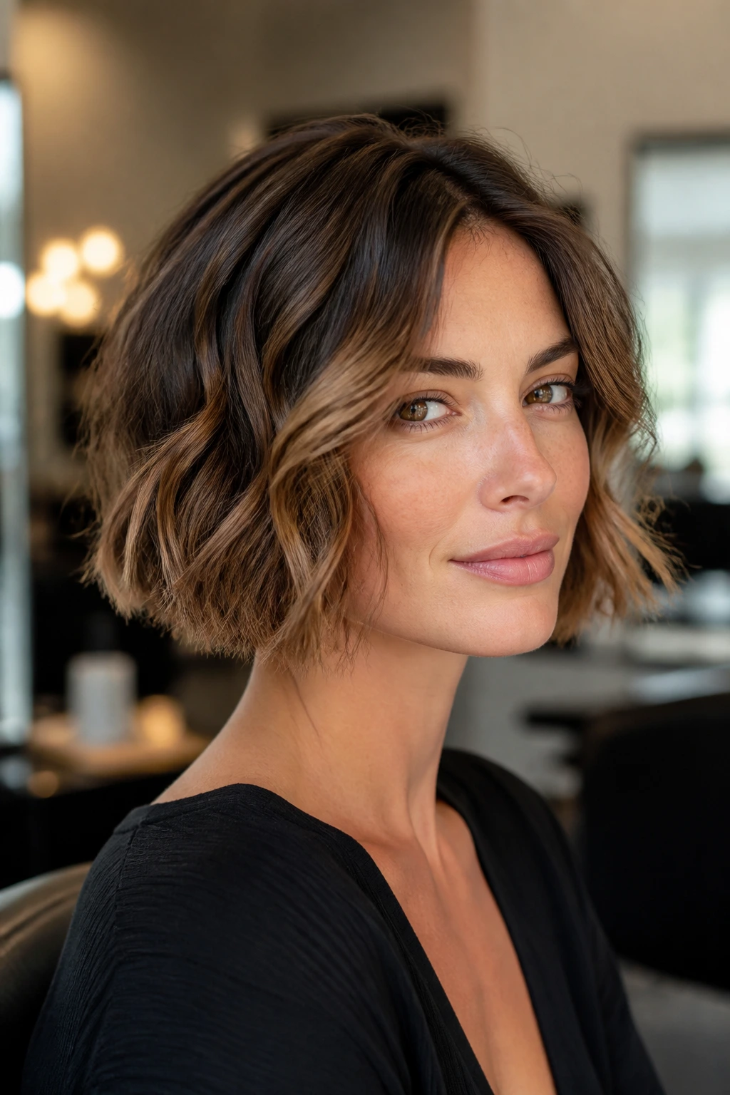 Close-up of a real woman with a wavy bob and broken-up perimeter