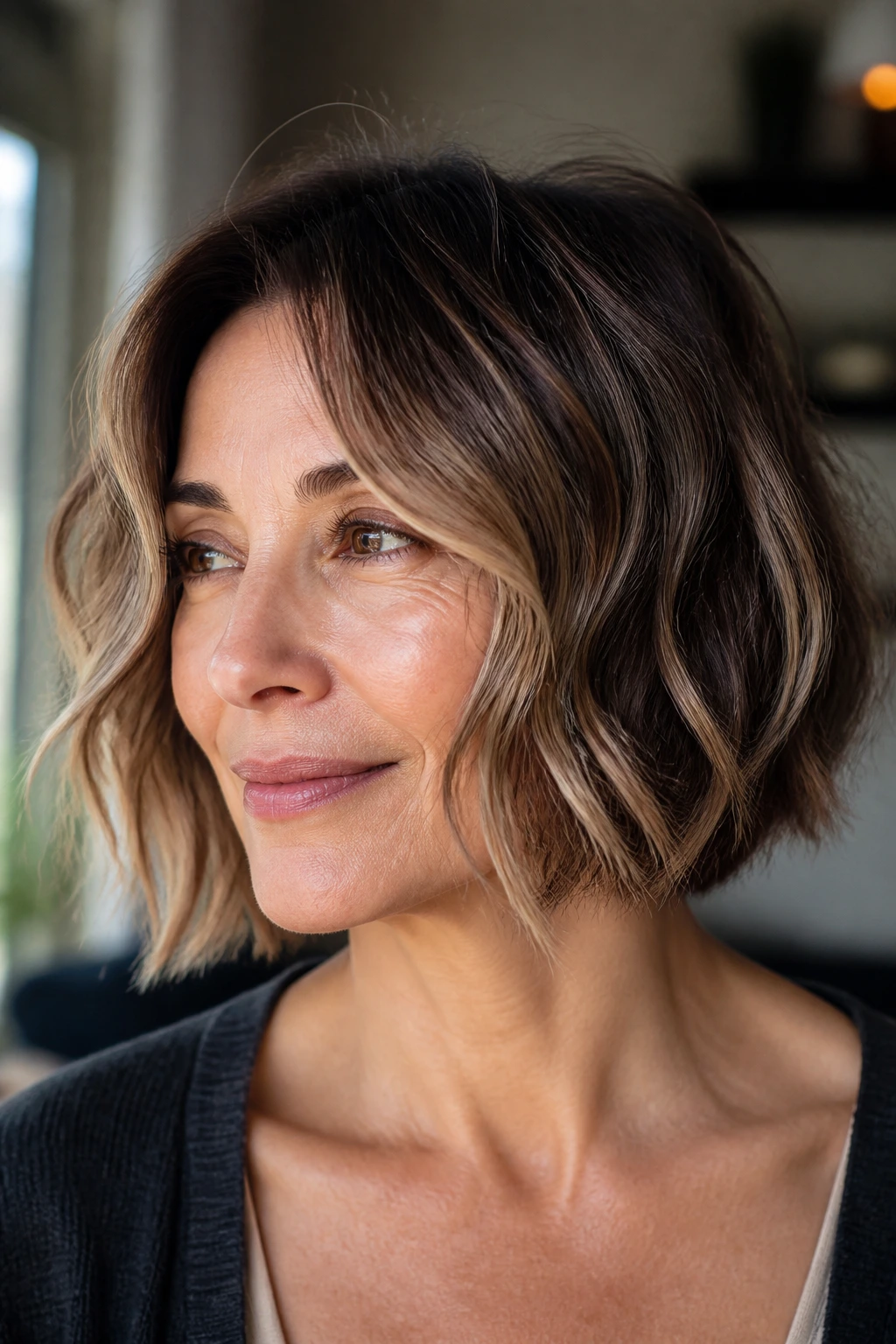 Real woman with wavy bob and piecey ends in natural window light