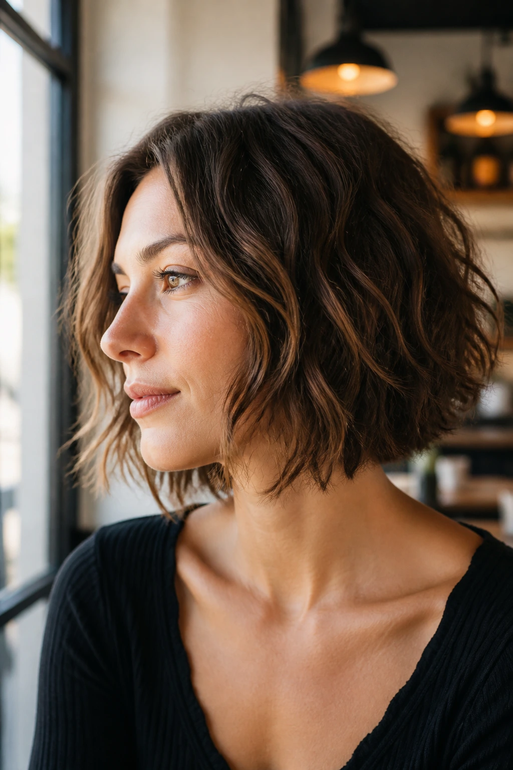 Woman with a wavy bob and piecey ends in a cafe window setting