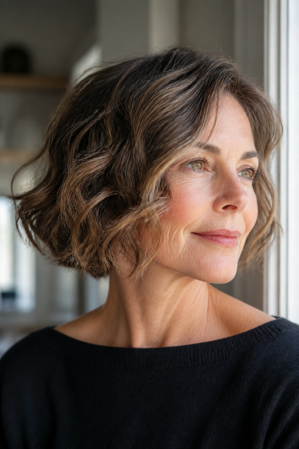 Real woman with wavy bob and cheekbone layers in bright daylight