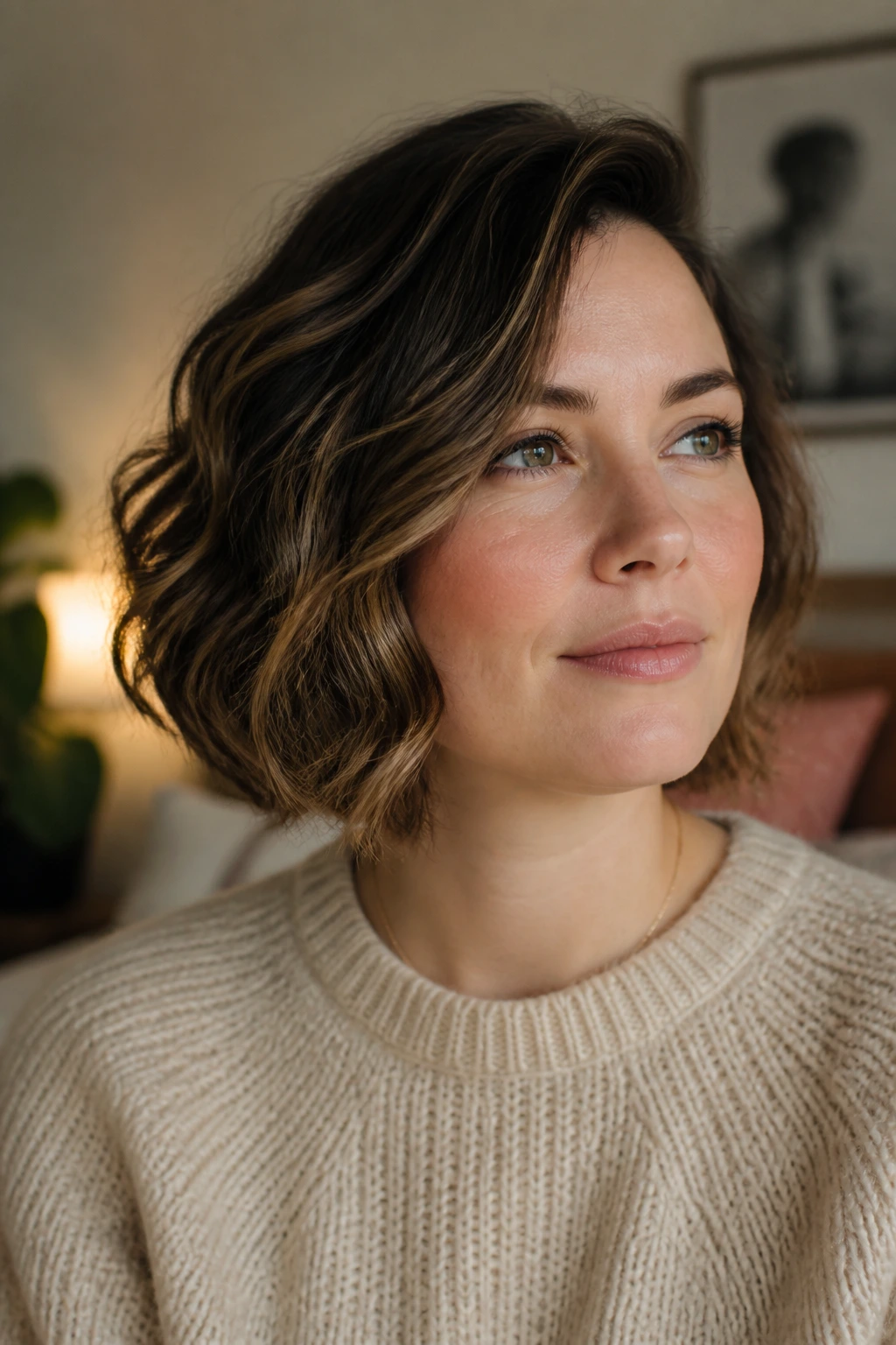 Real woman with a flattering wavy bob showing diagonal movement around cheeks