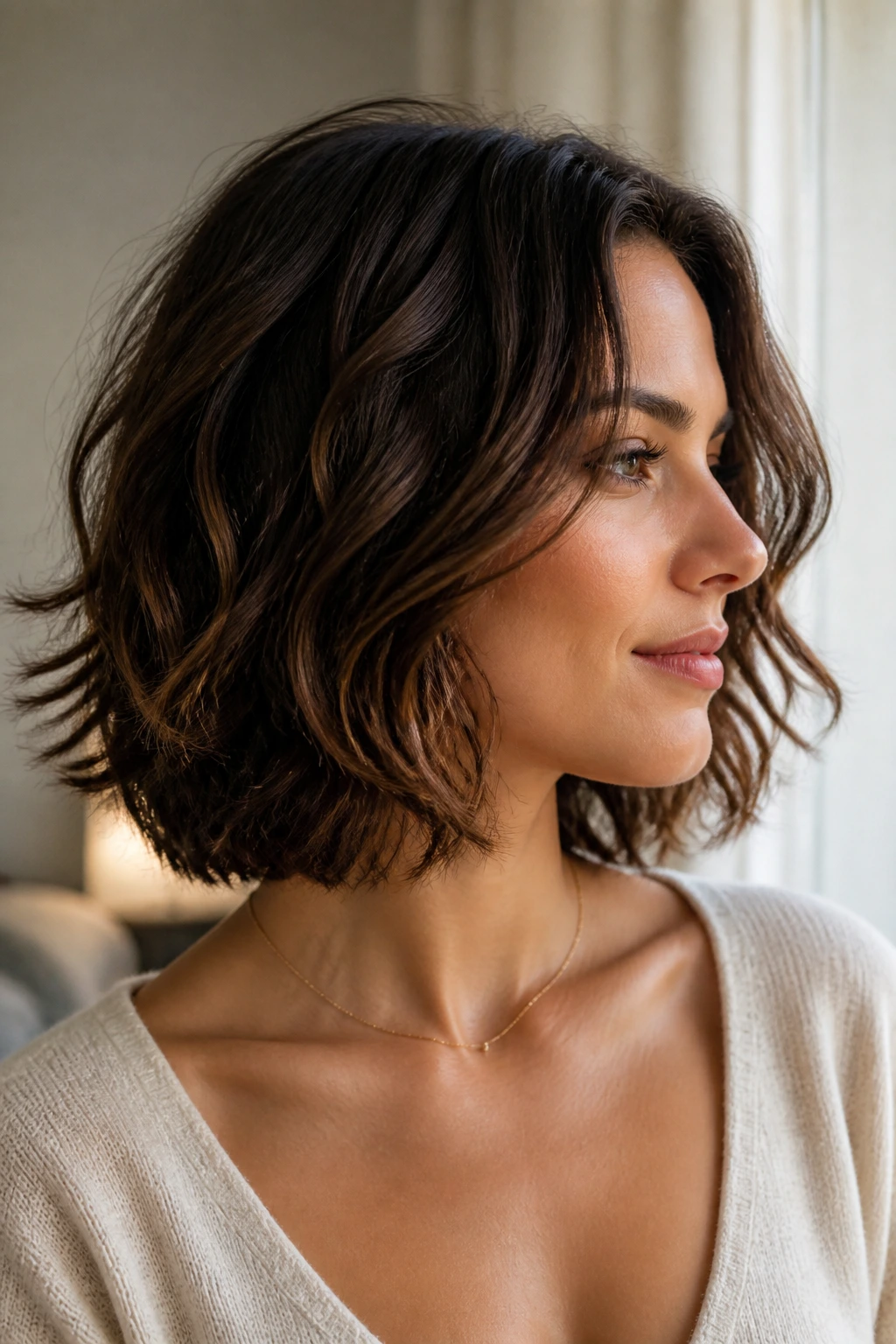 Portrait of a woman with soft jawline and shoulder-length wavy bob, warm window light