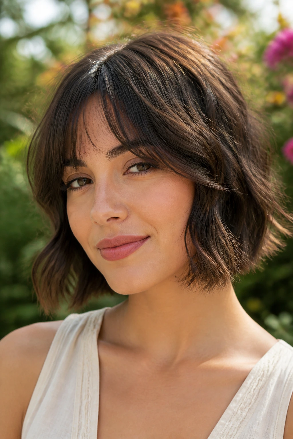 Portrait of a real woman with a wavy A-line bob and split bangs.