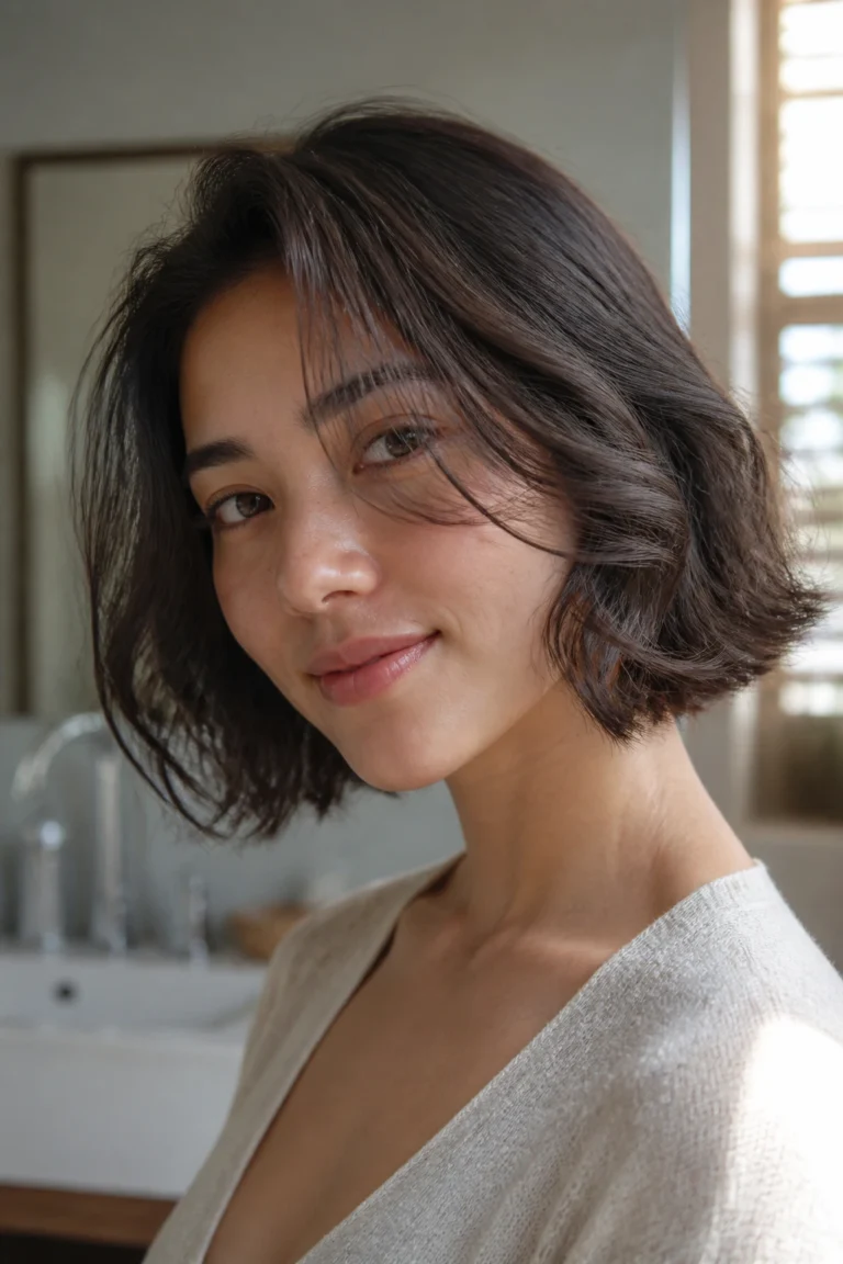 22 Layered Korean Bobs for Wavy Hair with Side-Swept Bangs