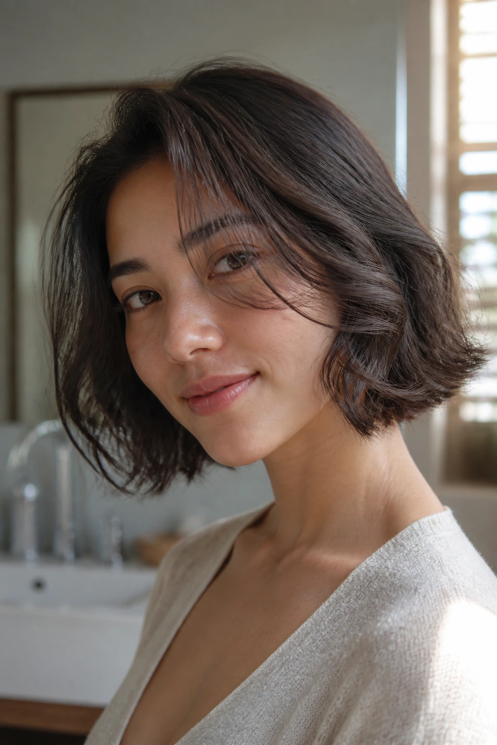 Portrait of a woman with a natural wavy bob in soft light.