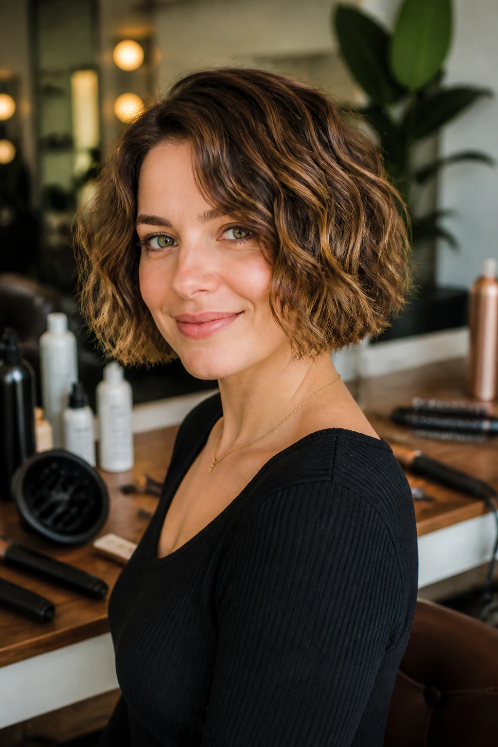 Portrait of a real woman with a wavy bob in a bright salon with styling tools blurred in the background