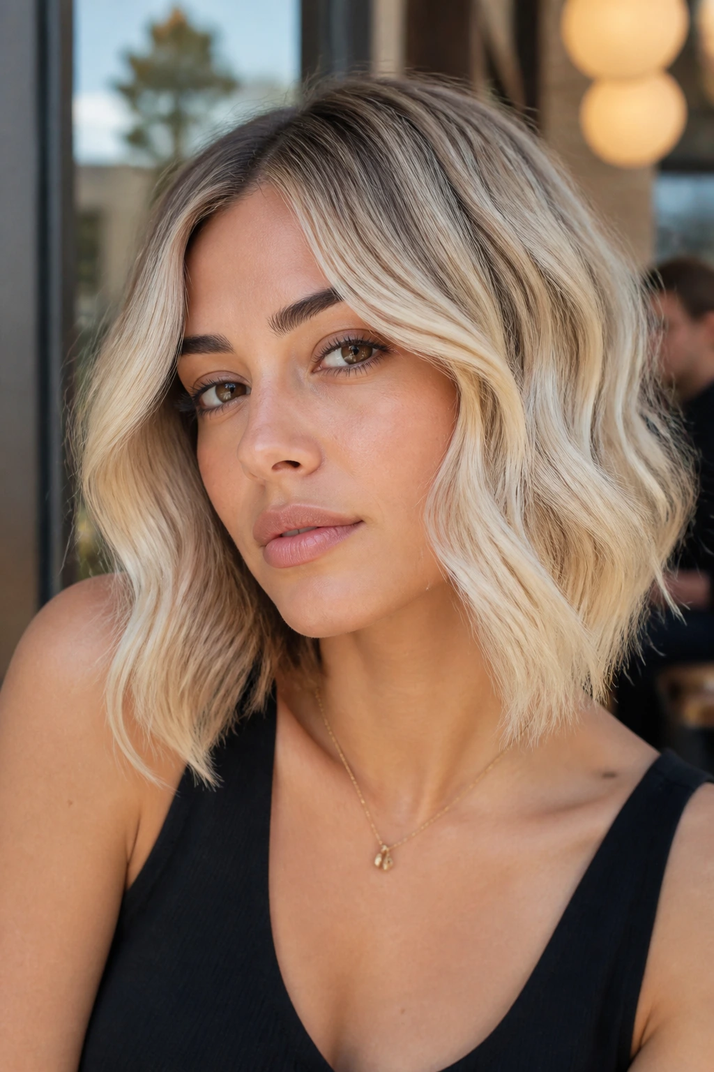 Close-up portrait of a real person with Wavy Bob in Warm Pearl Blonde on olive skin