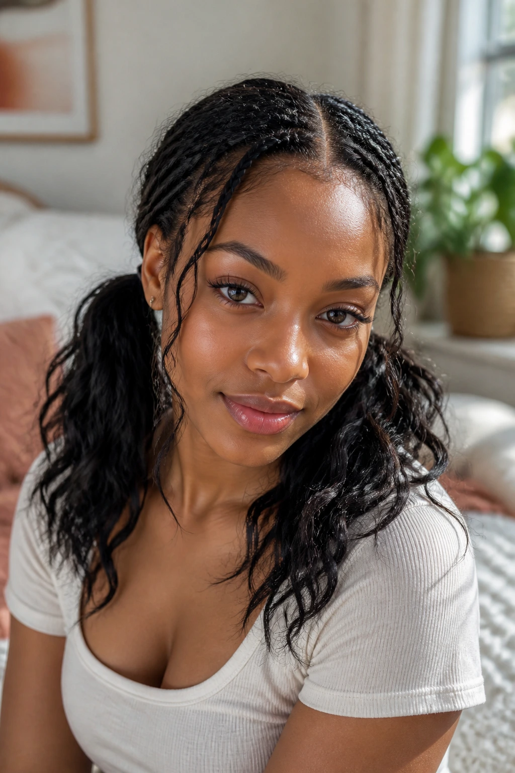 Close-up of a real Black woman's face with wavy boho pigtails framing her features