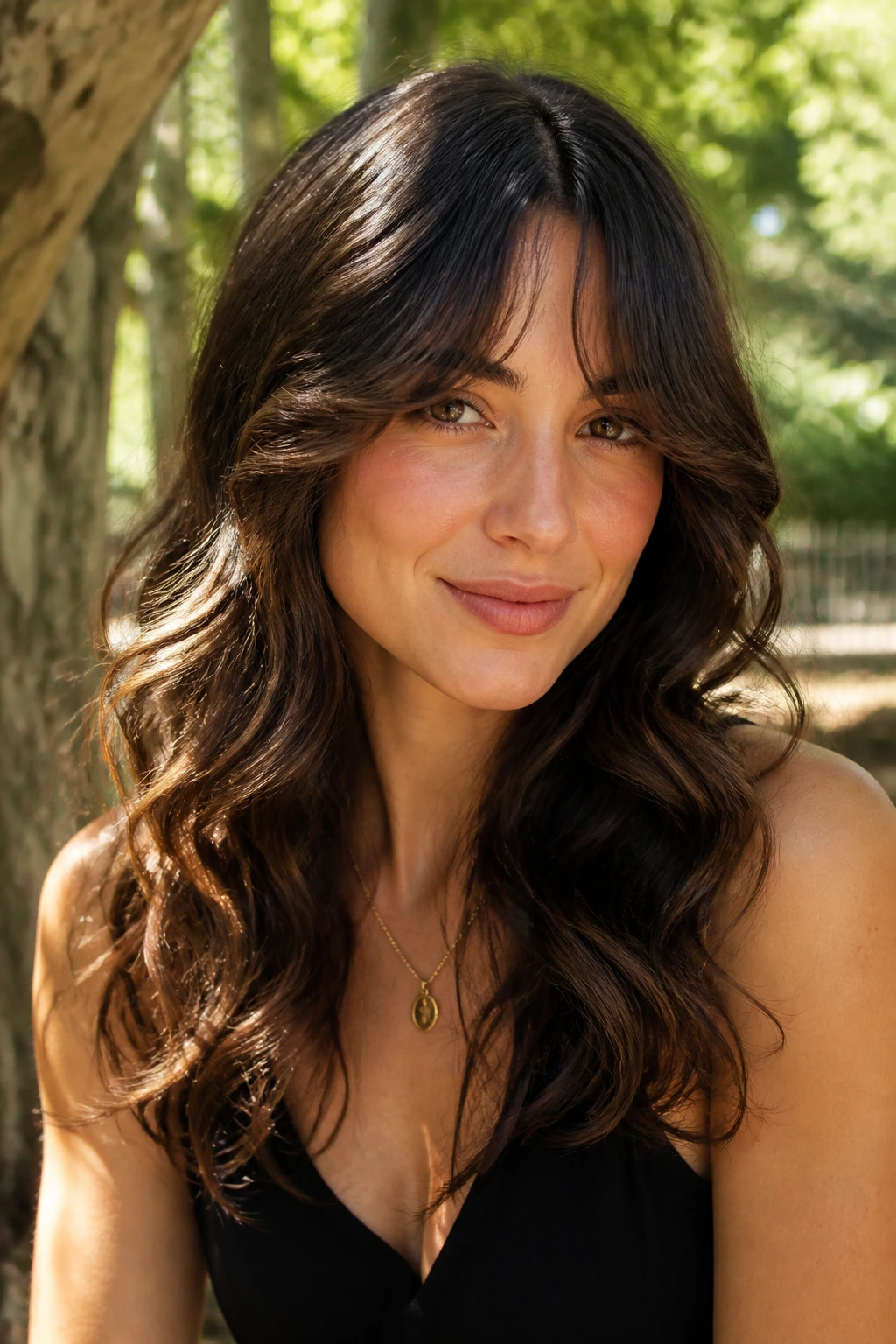 Medium close-up of a real woman with a wavy bottleneck fringe