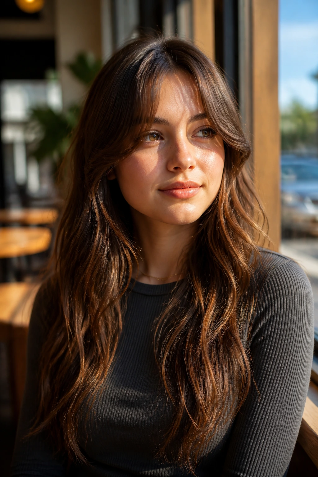 Medium close-up of a real person with wavy bottleneck bangs bending softly.