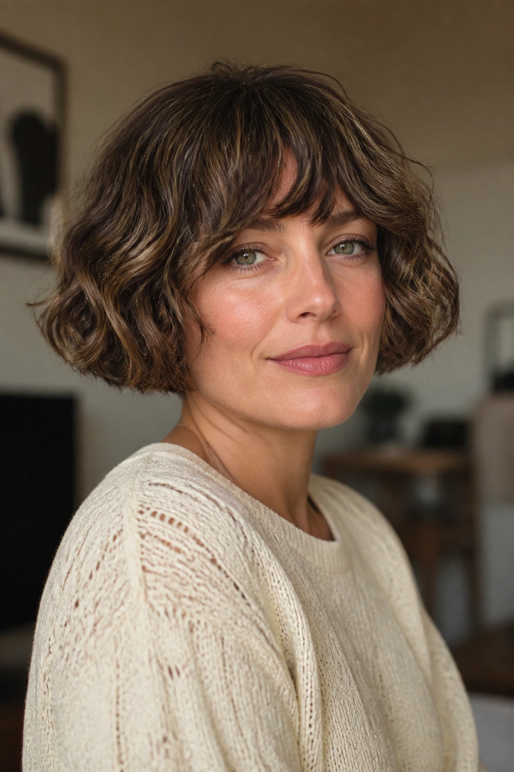 Close-up portrait of a real woman with a soft wavy bowl cut and natural-looking waves