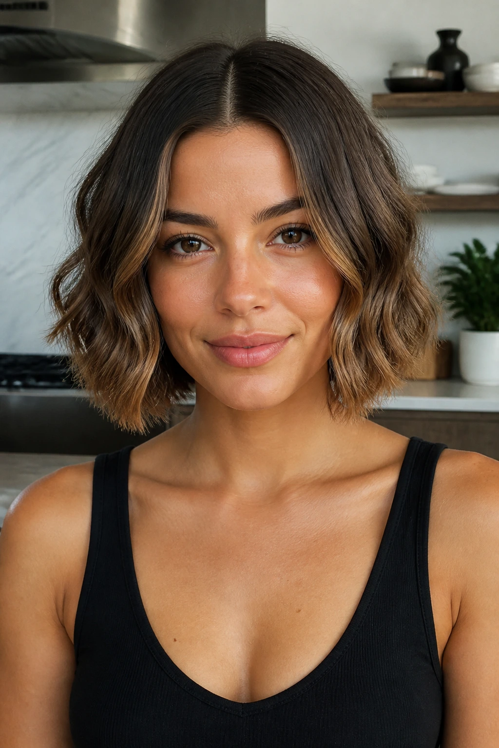 Close-up of a woman with a wavy box bob and center part in a bright kitchen