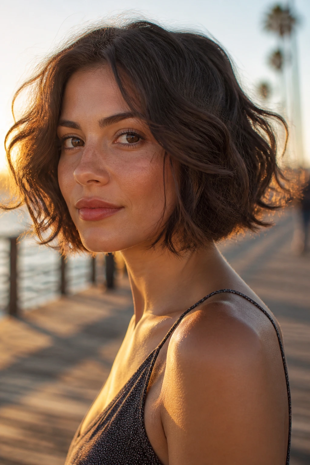 Real person with a soft, wavy box bob by the sea in golden hour light.