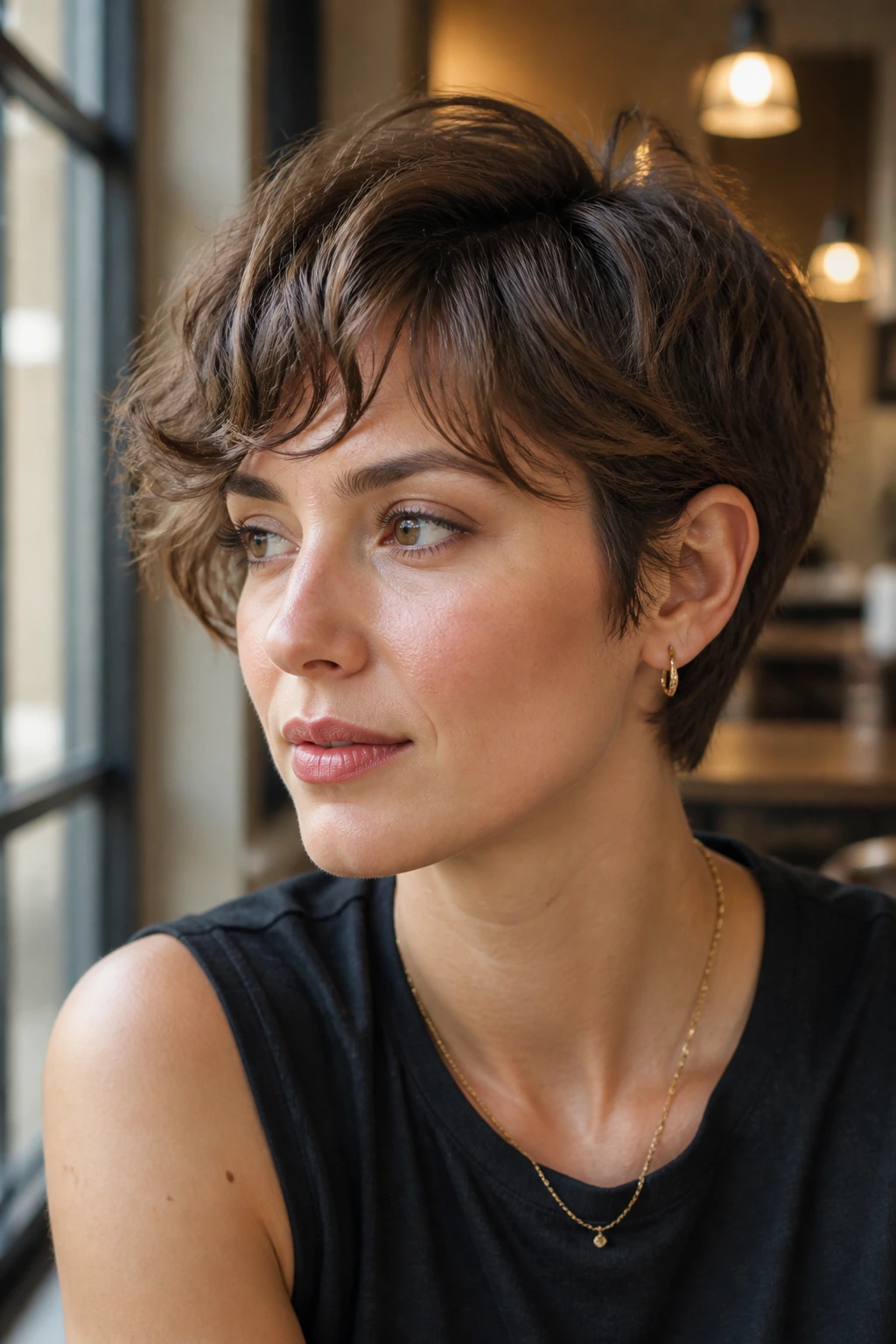 Close-up of a real woman with a wavy boyish cut and temple fringe in a sunlit cafe setting.