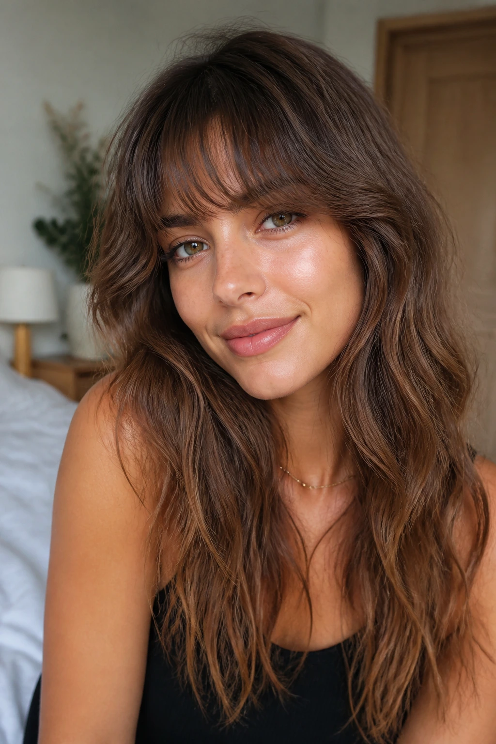 Close-up portrait of a woman with wavy brow-skimming fringe