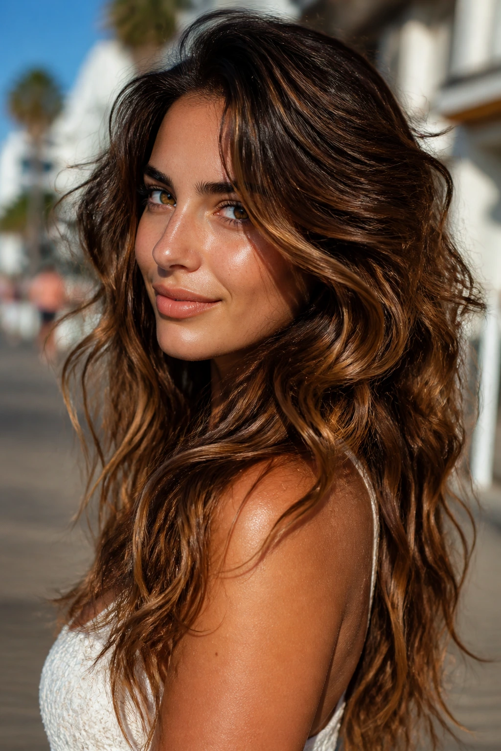Brunette with sunlit wavy chestnut hair