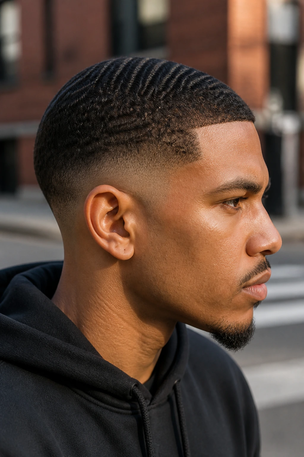 Close-up portrait of a man with wavy buzz and drop taper fade