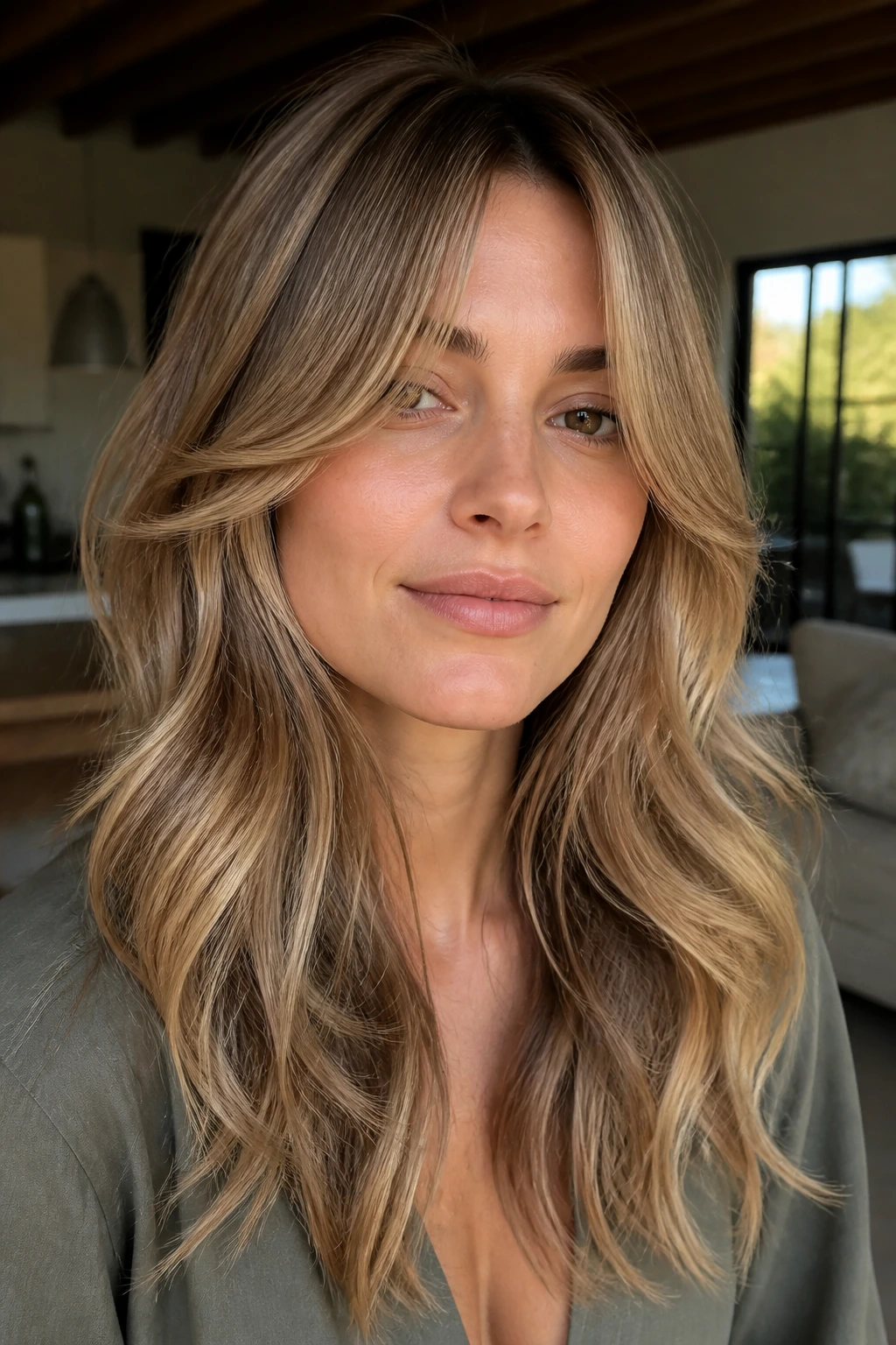 Close-up portrait of a real woman with wavy blowout layers and a center-part curtain fringe.