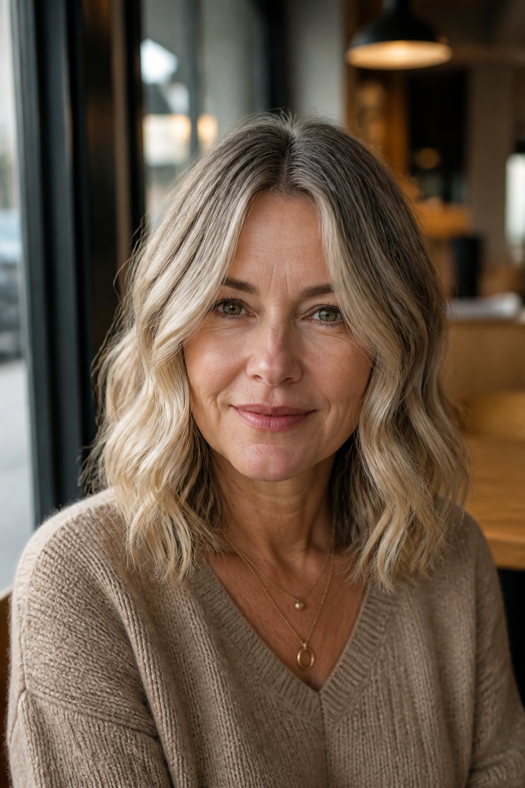 Portrait of a woman with a wavy center-part lob, center part and soft waves framing the face