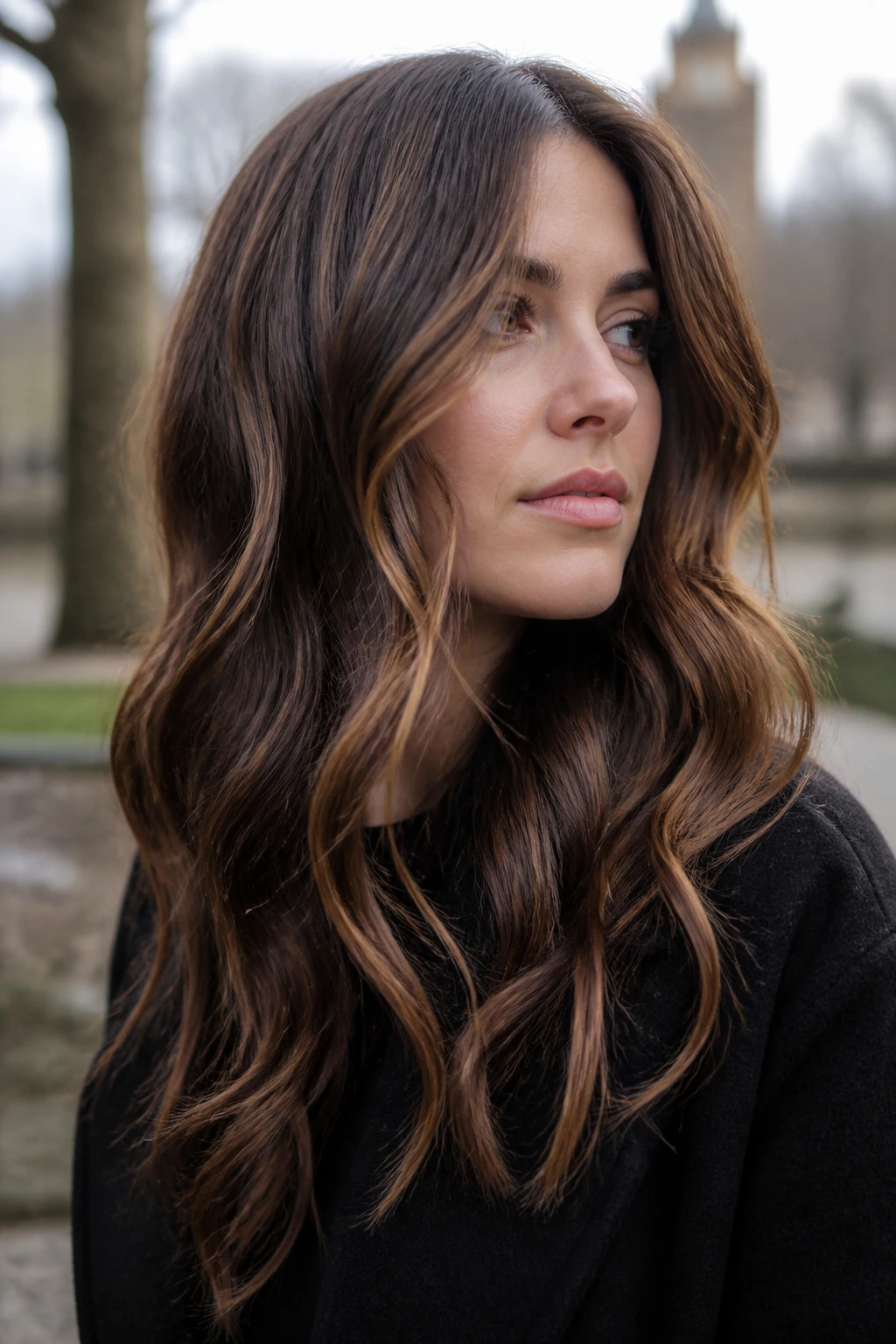 Close-up of a real person with chestnut base and caramel dimension in soft waves