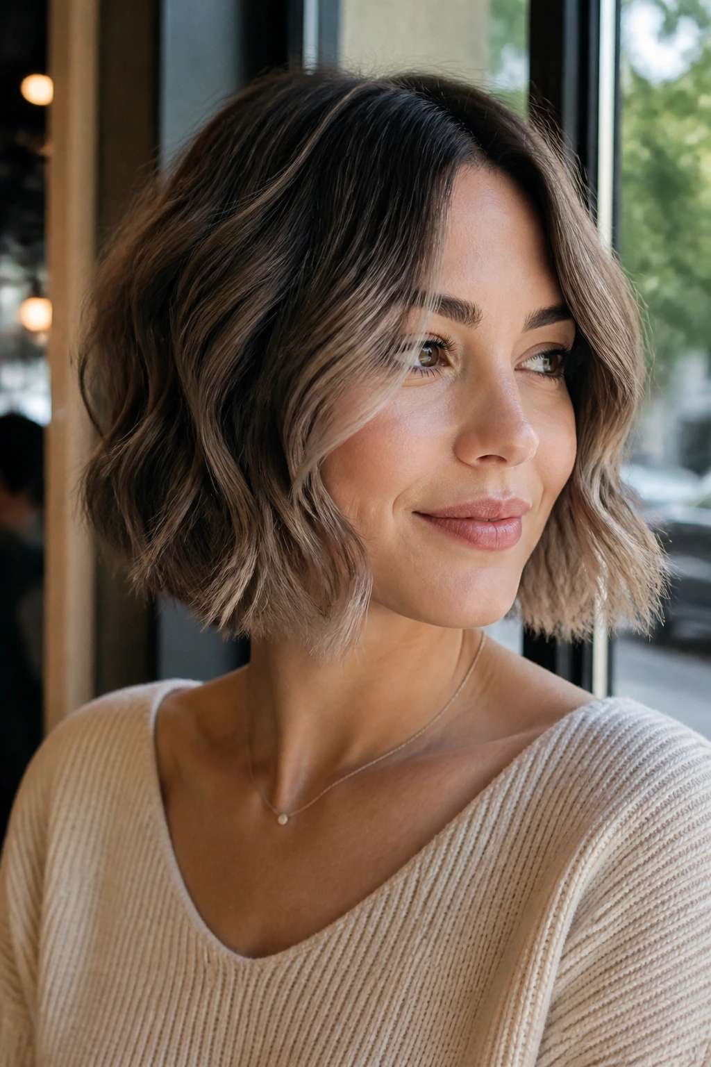 Real woman with wavy chin-length bob and beige brunette lowlights in a cafe setting.