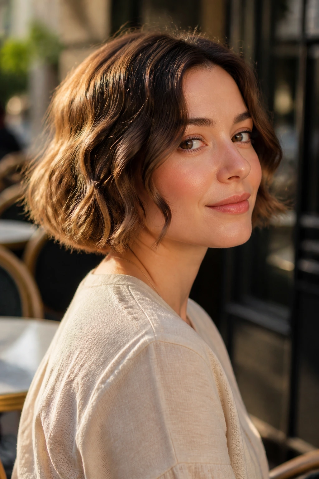 Close-up portrait of a real woman with a wavy chin-length bob