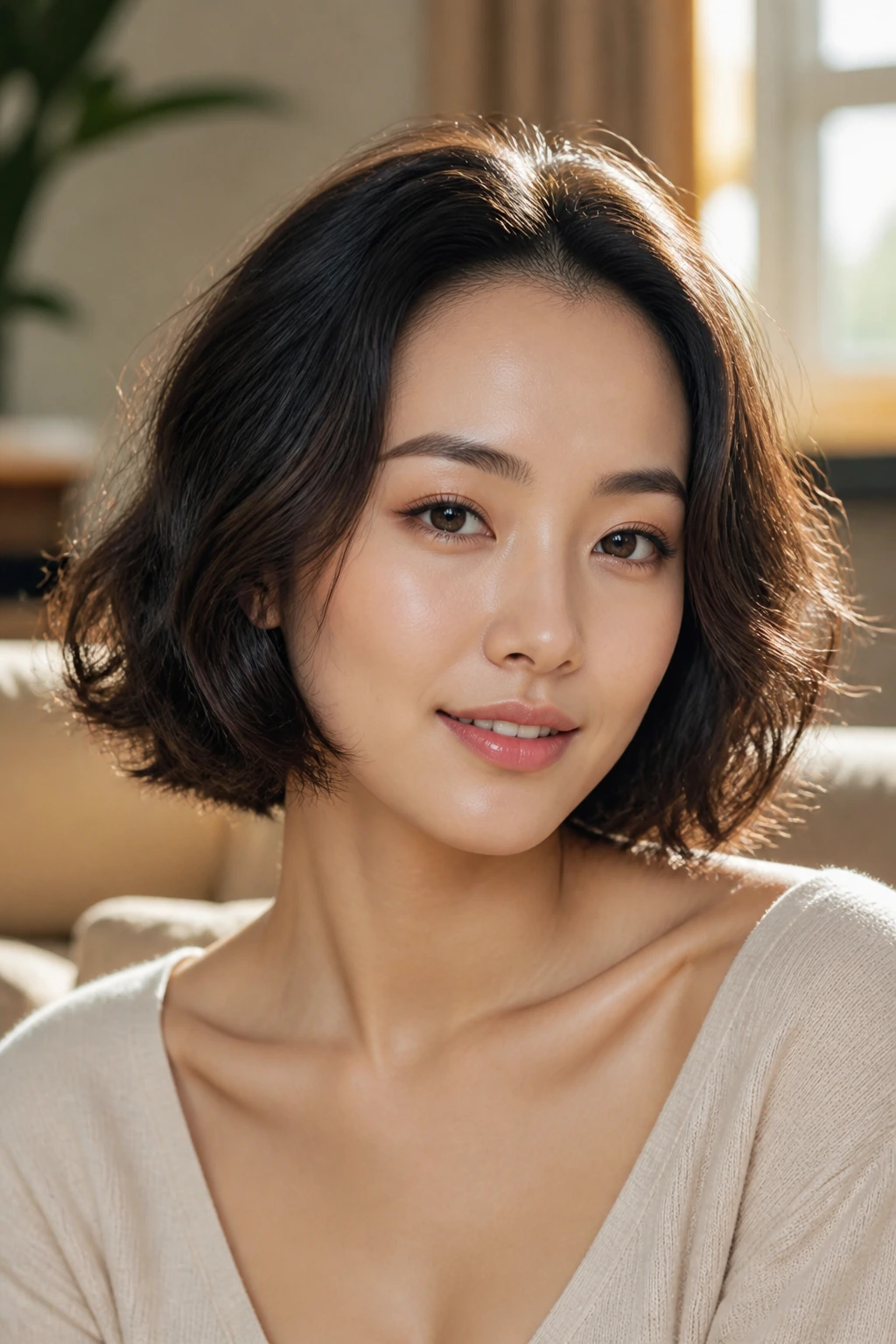 Close-up of a woman with a wavy chin-length bob in warm window light