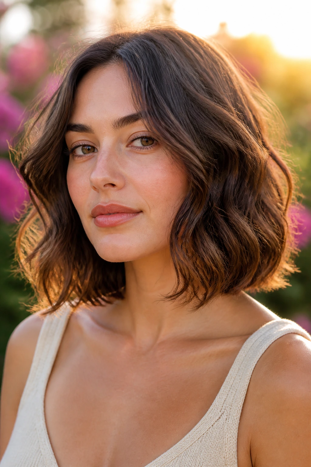 Close-up portrait of a real woman with a wavy collarbone bob