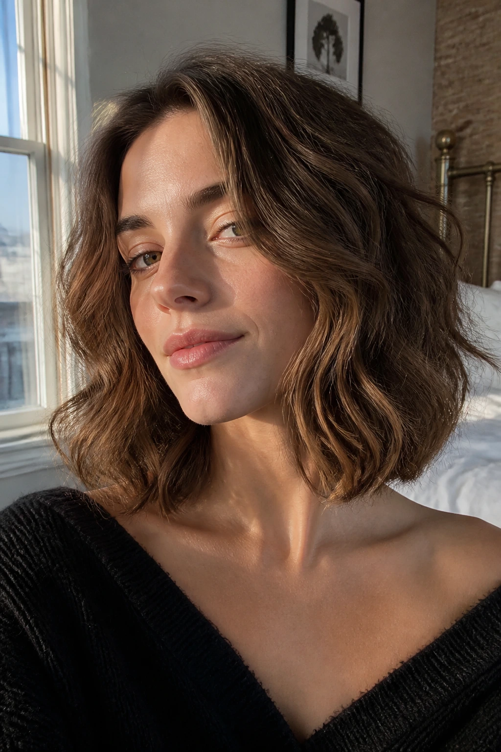 Close-up of a person with a wavy collarbone-length haircut