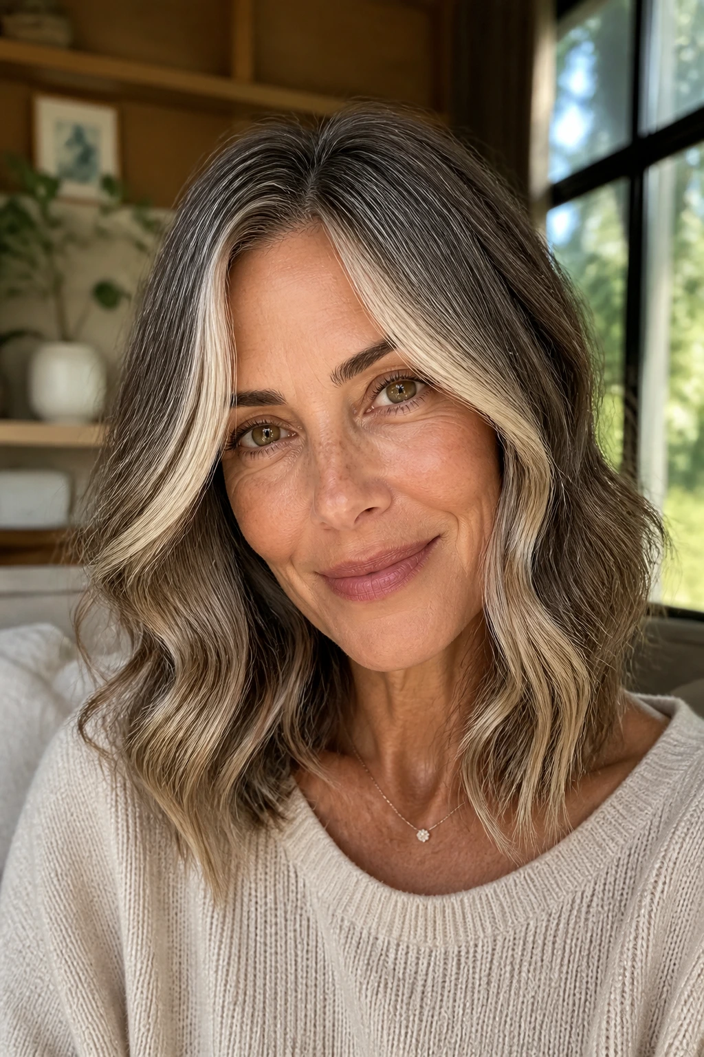 Close-up of a real woman with a wavy collarbone cut and champagne face frame on warm skin