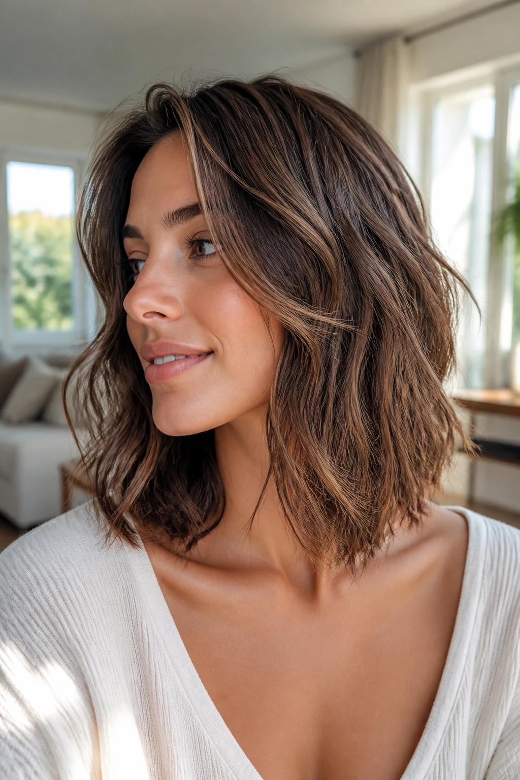 Close-up portrait of a real person with Wavy Collarbone Cut featuring long internal layers and natural wave