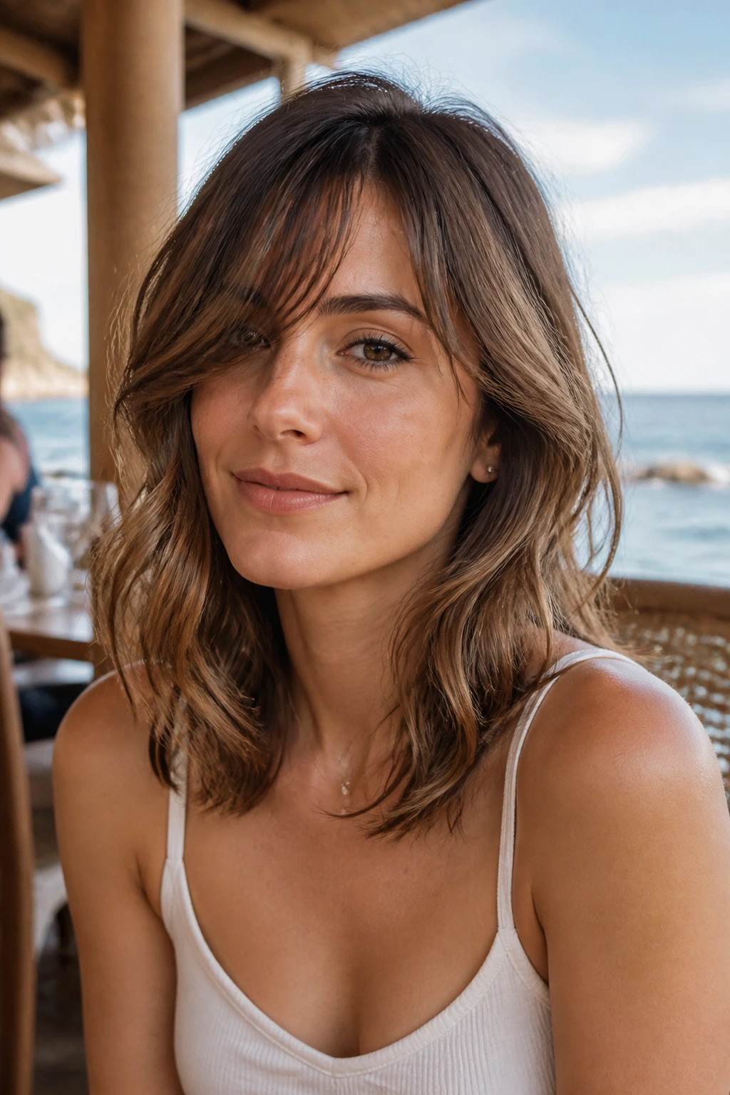 Close-up of a real woman with wavy collarbone-length layers and side-swept fringe near a seaside cafe