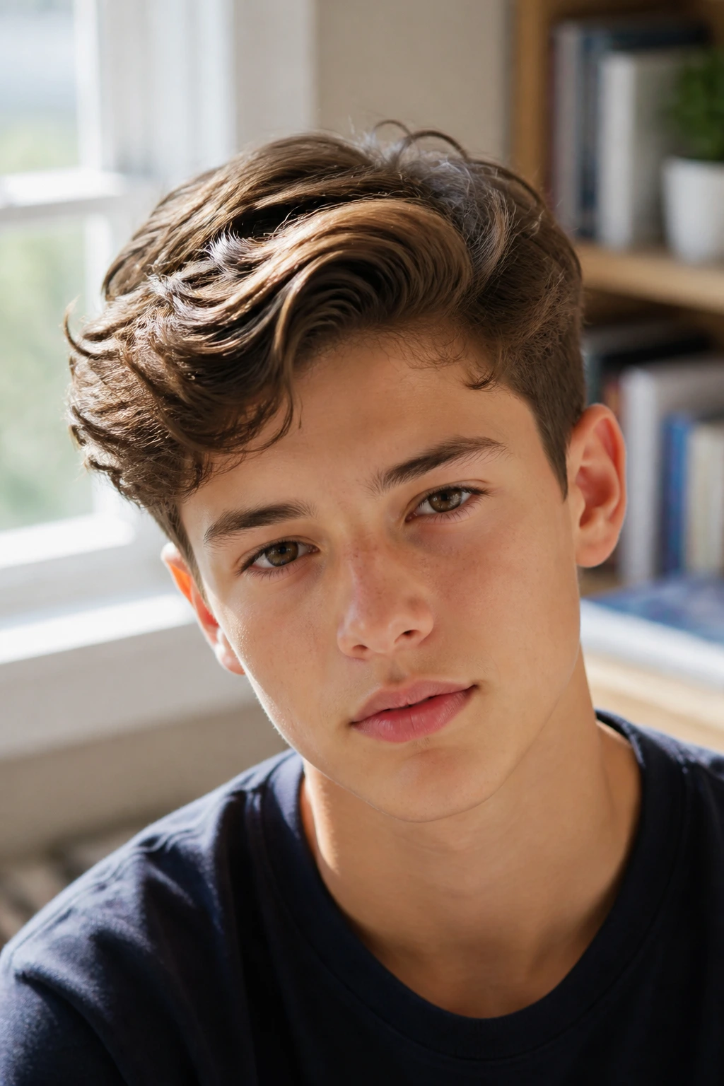 Boy with soft wavy comb-over hairstyle in a study setting