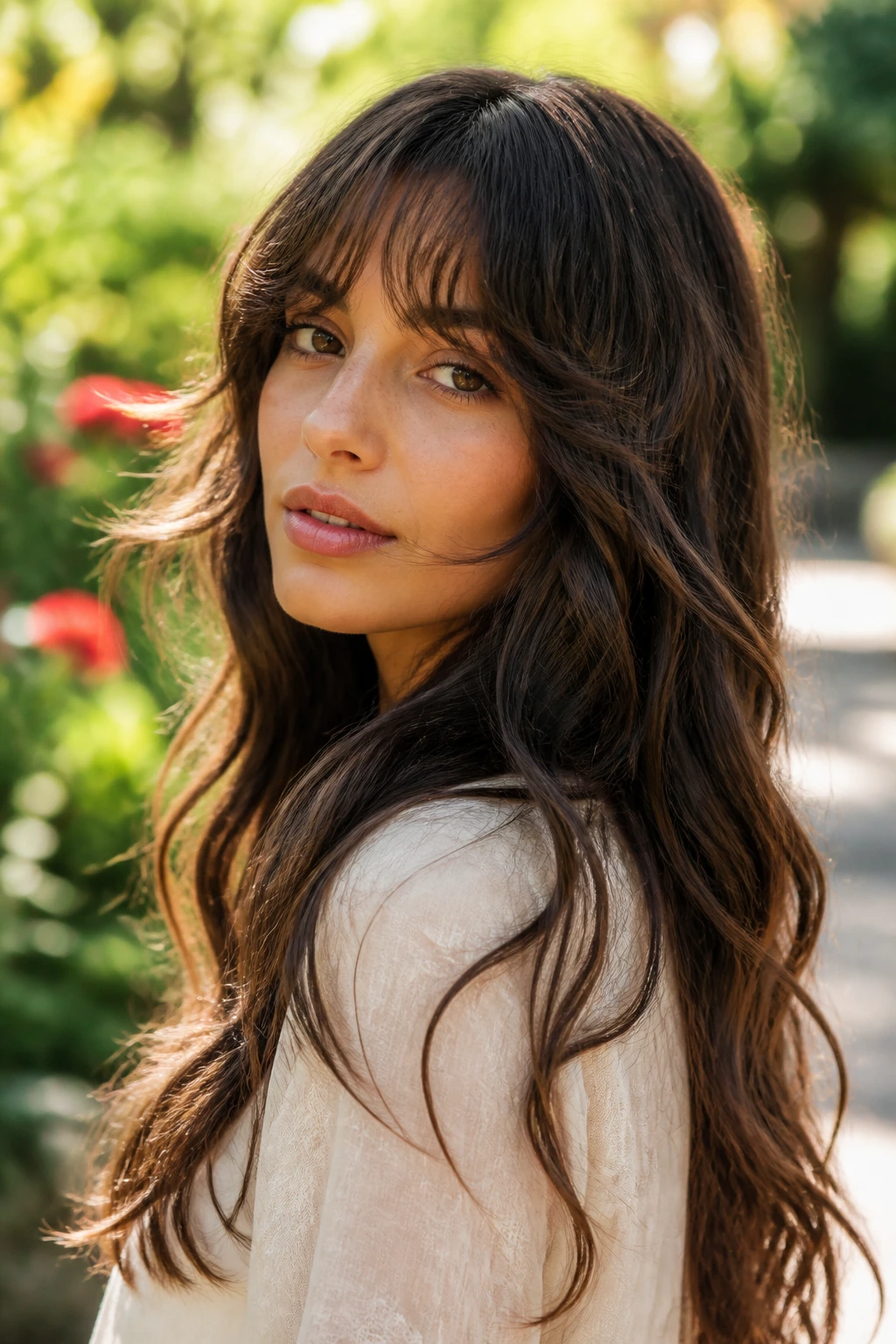 Close-up portrait of a real woman with wavy crescent bangs on layered long hair